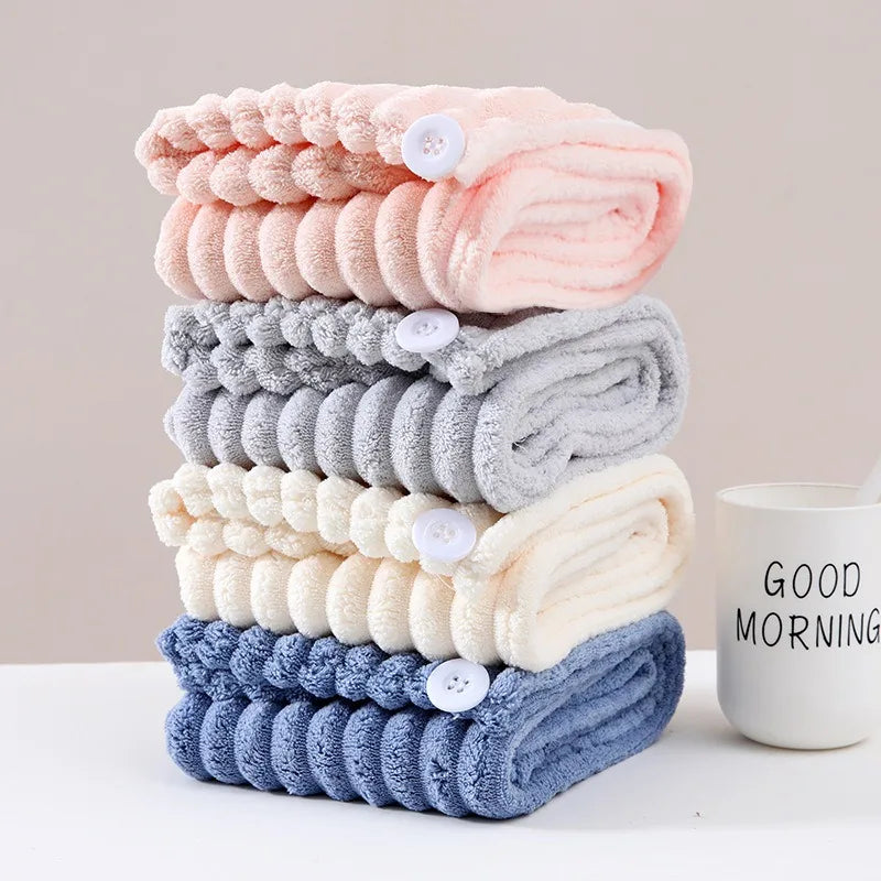 1Pcs Microfiber Quick-dry Hair Towel Cap with Button Super Absorption Bath Hat Fast Drying Hair Drying Wrap Hat Towel for Women