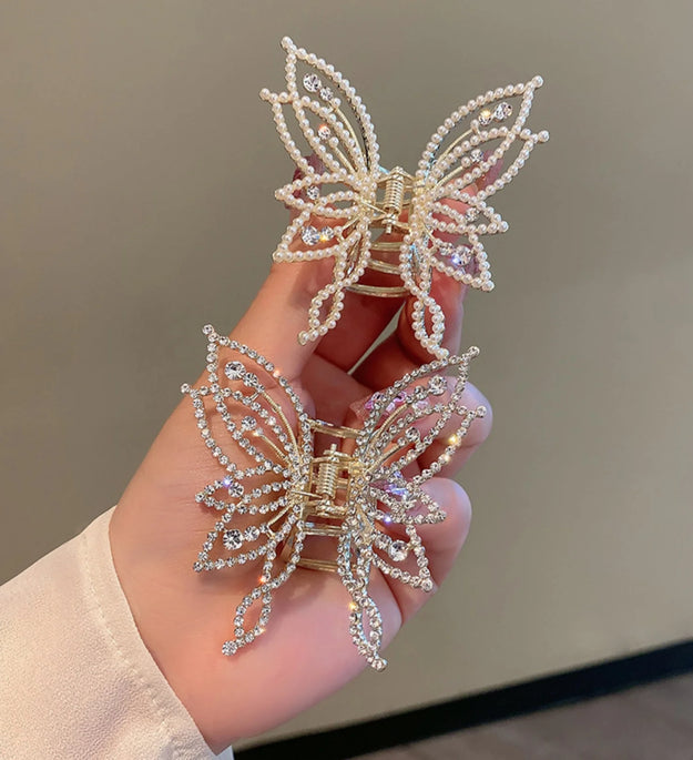 1pc Medium Hair Claw Clip, Non Slip Hair Clamp Butterfly Style Rhinestone Pearl Decor Barrettes For Thin Thick Hair