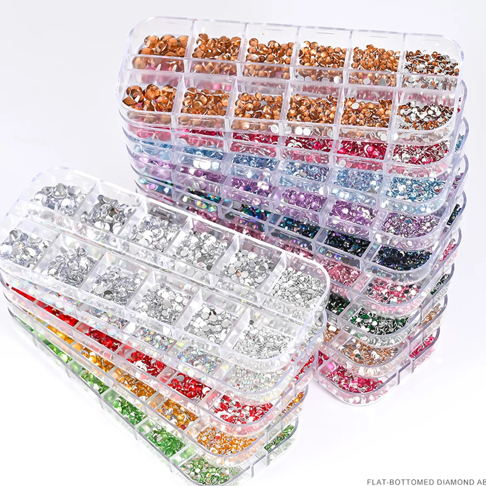12Grids SS6-SS30 Mixed Nail Rhinestones Shiny Clear/Gold/Pink/Blue Diamond Flat-back Nail Gems Glass Stones Nails Decoration
