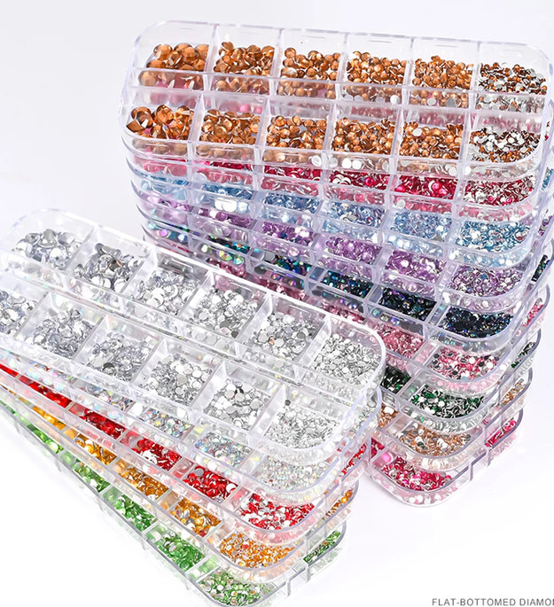 12Grids SS6-SS30 Mixed Nail Rhinestones Shiny Clear/Gold/Pink/Blue Diamond Flat-back Nail Gems Glass Stones Nails Decoration