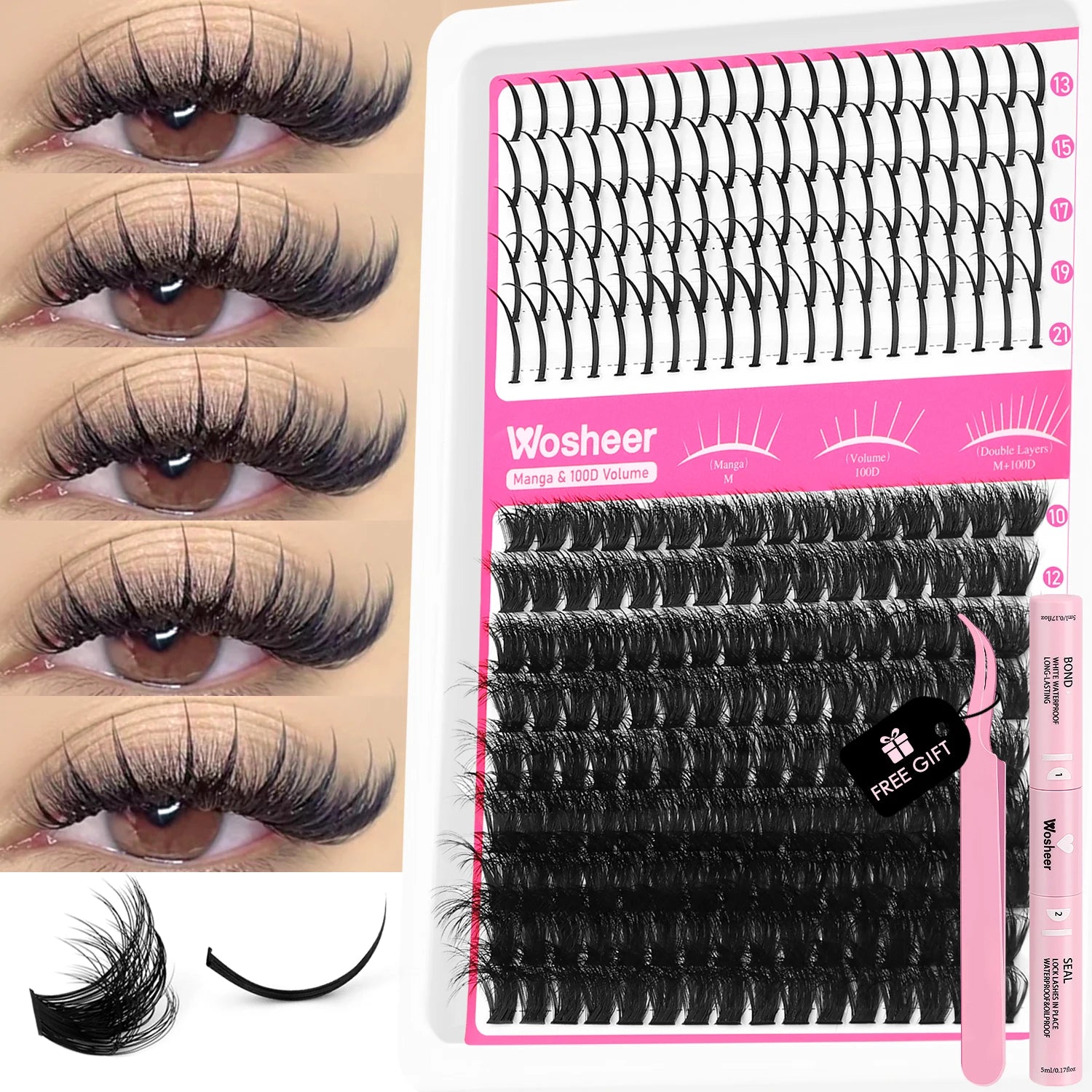 WOSHEER Lash Clusters Kit Lash Spikes Eyelash Clusters Volume Individual Lashes DIY Spiky Lash Extension Manga Clusters Eyelash