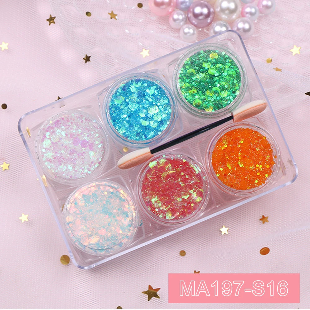6Jars/Set Face Eye Body Hair Nail Glitter Sequins Sparkling Heart/Star/Hexagon Eyeshadow Flakes for Christmas Party Makeup Decor