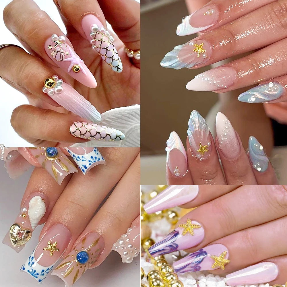 12Grids Ocean Gold Nail Art Charms Shell/Seahorse/Starfish White Half Round Pearl Gems 3D Mixed Punk Manicure Metal Rivets Studs