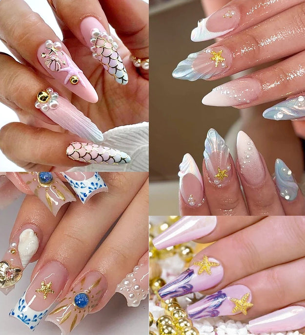 12Grids Ocean Gold Nail Art Charms Shell/Seahorse/Starfish White Half Round Pearl Gems 3D Mixed Punk Manicure Metal Rivets Studs