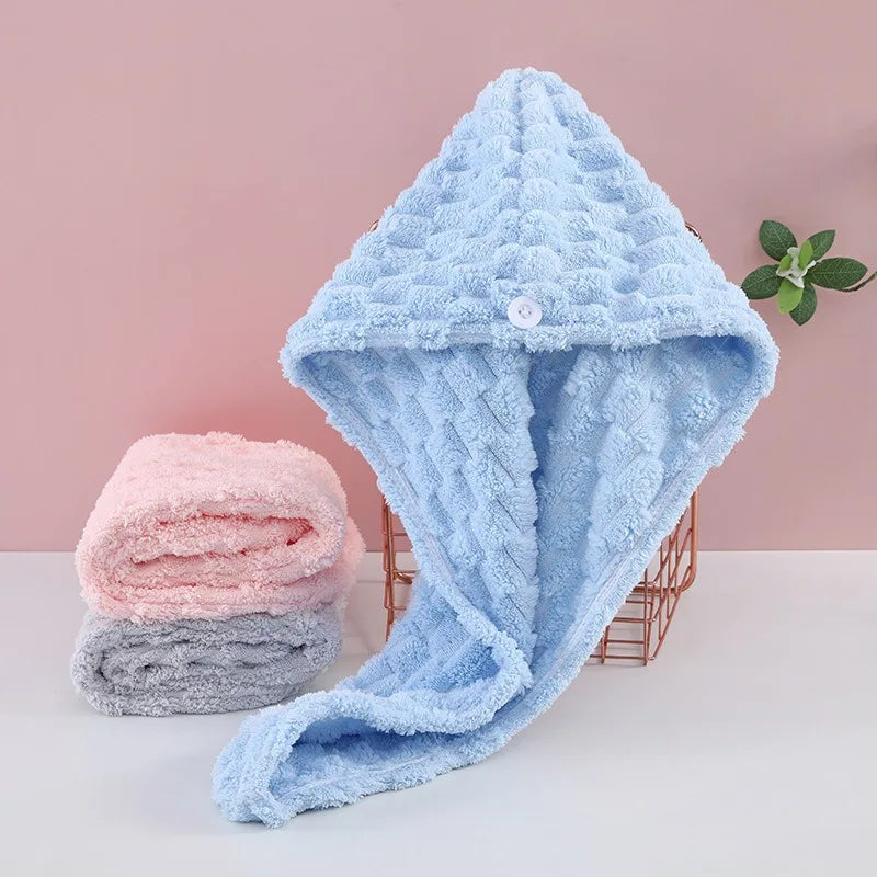 1Pcs Microfiber Quick-dry Hair Towel Cap with Button Super Absorption Bath Hat Fast Drying Hair Drying Wrap Hat Towel for Women