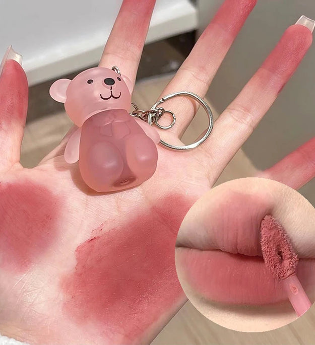 Cute Bear Keychain Velvet Mist Lip Glaze Waterproof Lasting Matte Lipstick Orange Lips Tint Women Dupes Korean Makeup Cosmetic