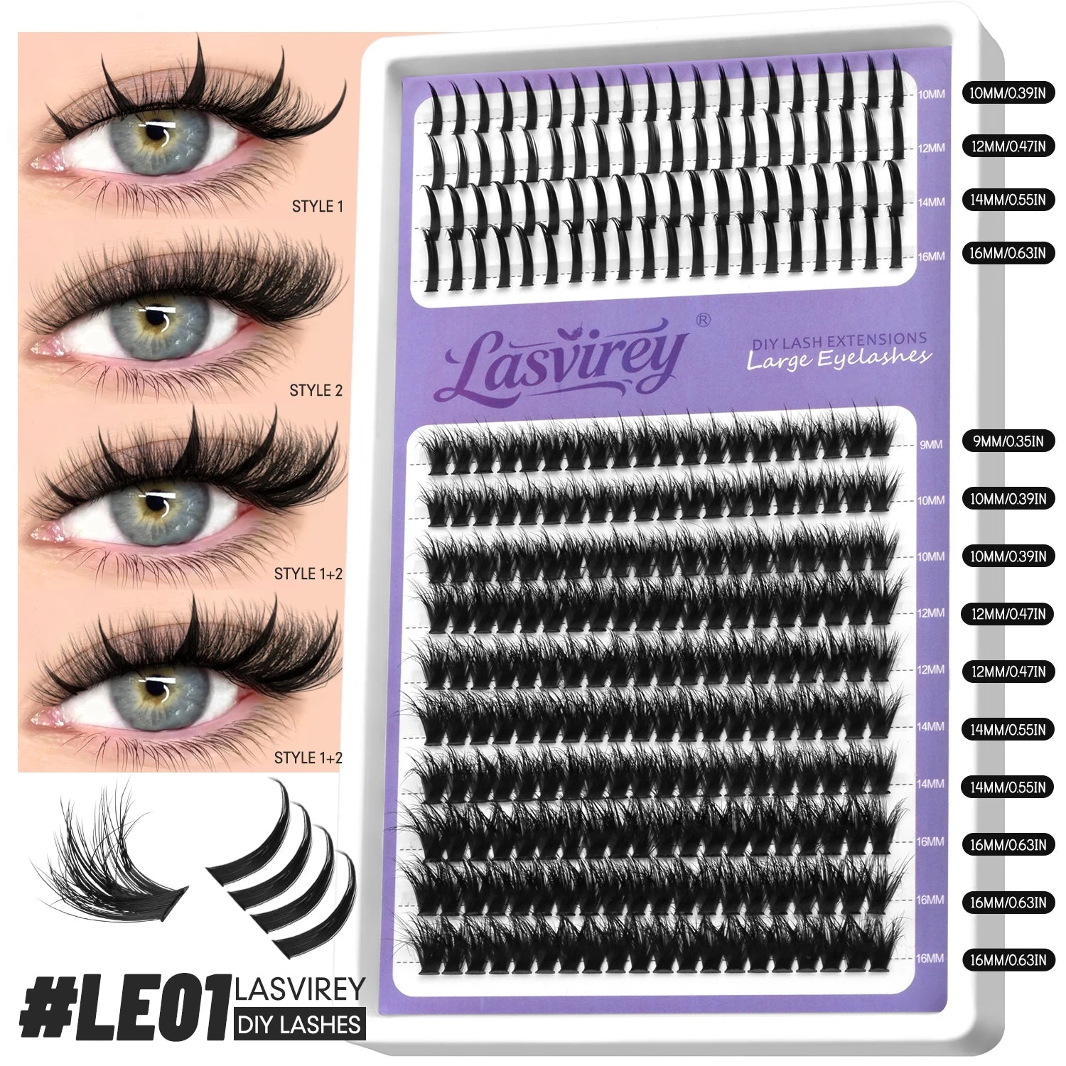 LASVIREY Fluffy Lash Clusters DIY Spiky Cluster Lashes Mixed Tray Individual Lashes Extension Natural Thick Faux Mink Lashes