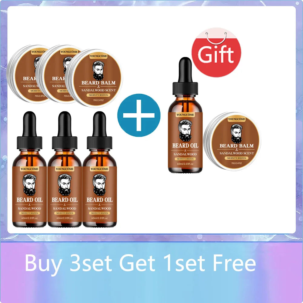 Organic Beard Growth Oil & Sandalwood Balm 1/2/4 Set-24H Nourishing, No Flakes, Men's Grooming Kit with Argan Oil & Vitamin E - BlissFully