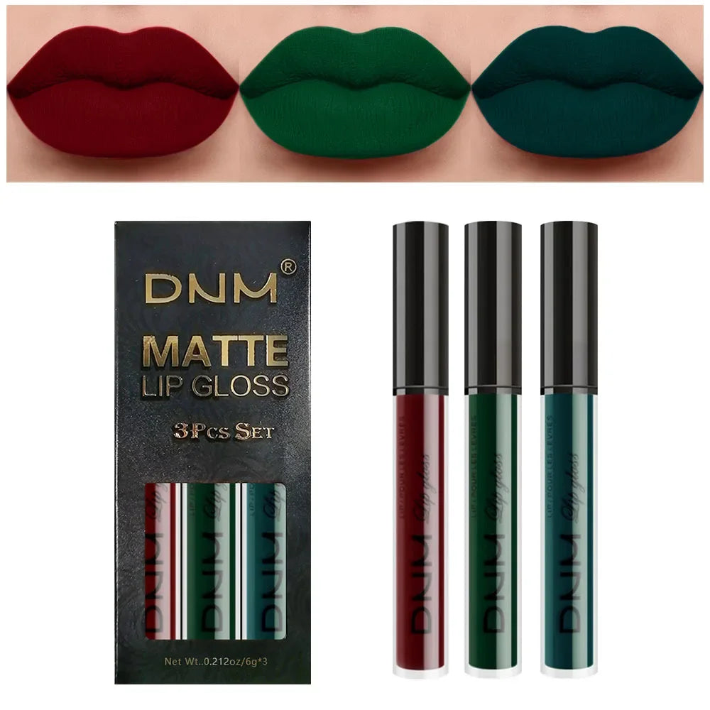 DNM 3PCS Liquid Lipstick Sets Waterproof Matte Black Blue Purple Blue Sexy Lip Gloss Long Lasting Nude Lip Tint Stain Makeup Kit