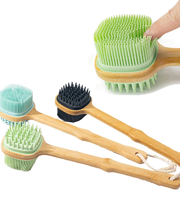 1pc Silicone Brush Head Back Scrubber Shower Brush With Long Wooden Handle Dry Skin Exfoliating Body Massage Cleaning Tool