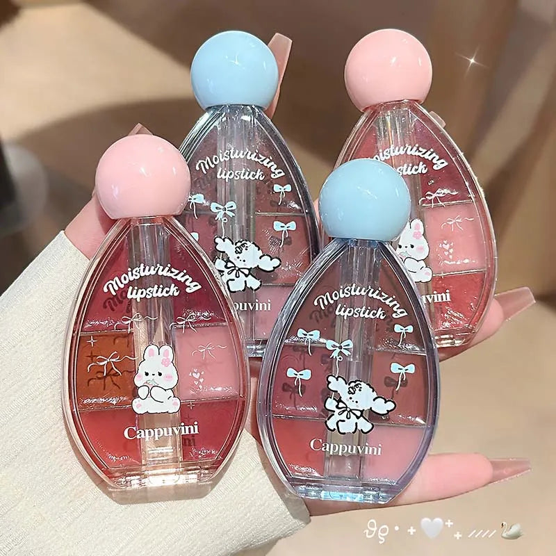 Six-color Strawberry Mirror Jelly Lipstick Palette Juicy Pink Solid Lip Gloss Set Moisturizing Lip Oil Tint with Silicone Brush