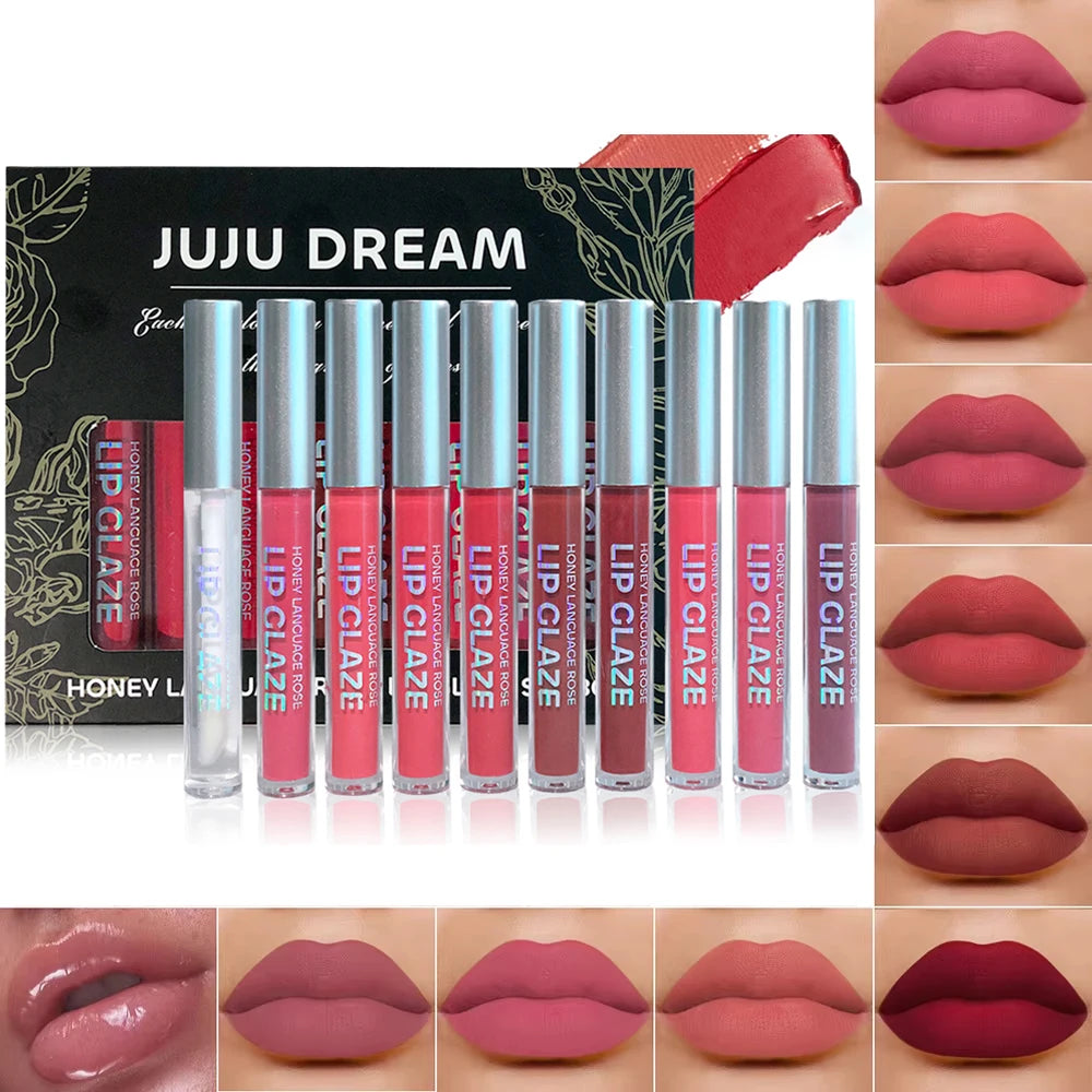 10 pcs/set Nude Lip Gloss Matte Velvet Lipstick - Matte Finish & Long-Lasting，Velvet Lip Gloss Gift Box, Halloween Stage Makeup