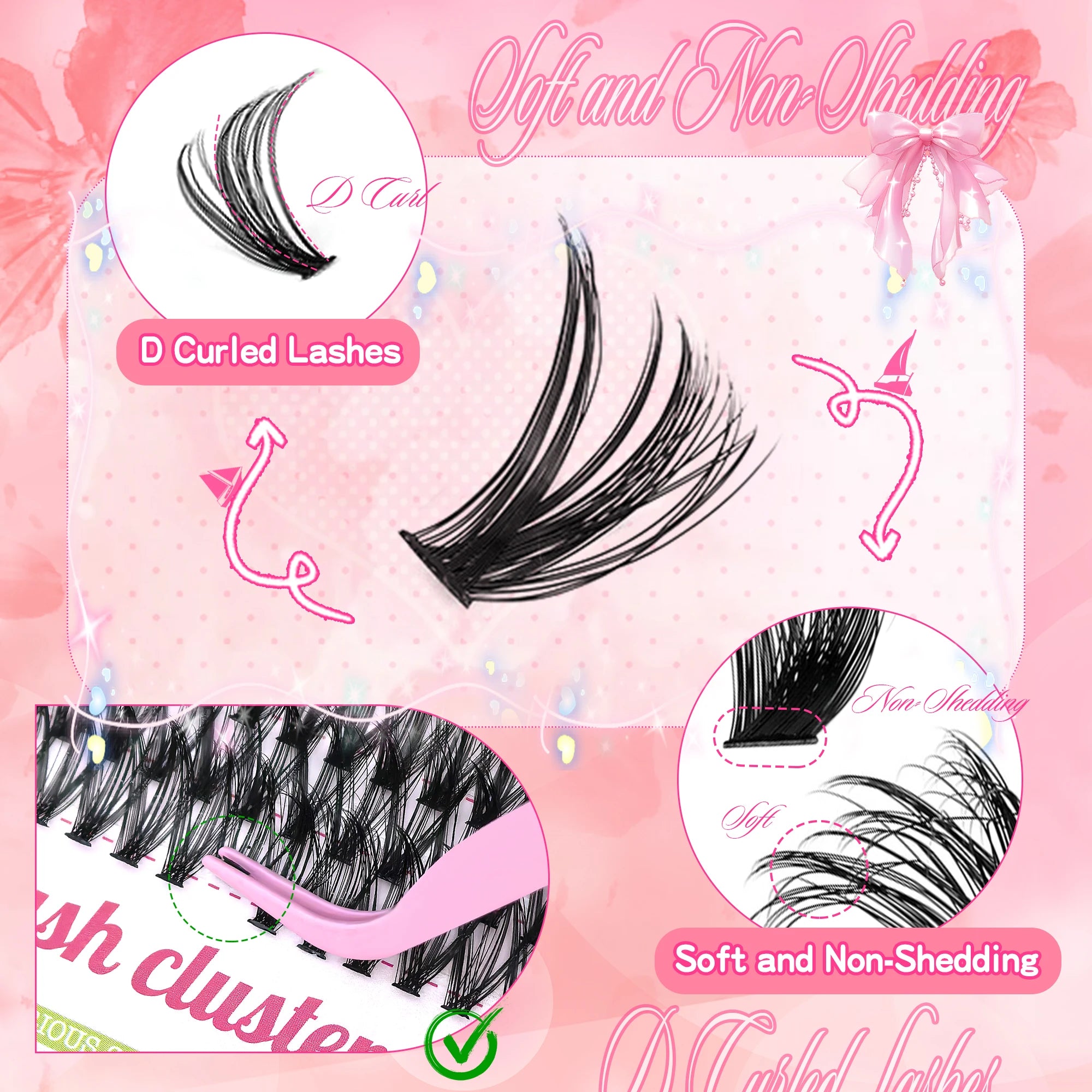 800PCS 30406080D Clusters Lashes Extension Kit, Length 9-16mm Natural Eyelashes,Cat eye,Bond and Seal,Tweezers,Brush,DIY At Home