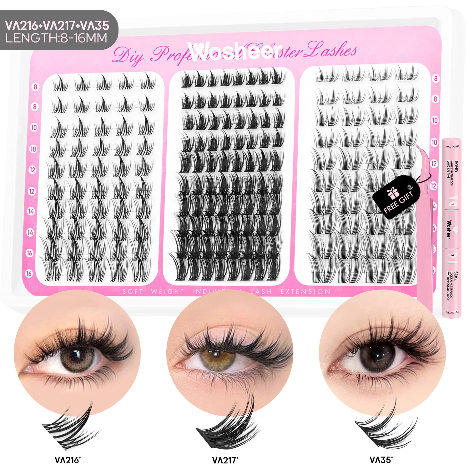 WOSHEER Manga Lash Clusters Kit Cat Lashes with Lash Bond & Seal Cluster Eyelash Extensions Mixed Tray Eyelash Clusters Kit