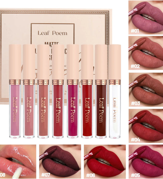 8 pcs matte liquid lipstick, lip glaze - waterproof, non-stick, long-lasting lip gloss, brown, pink, purple and red tones, suitable for Valentine's Day, daily, parties, travel