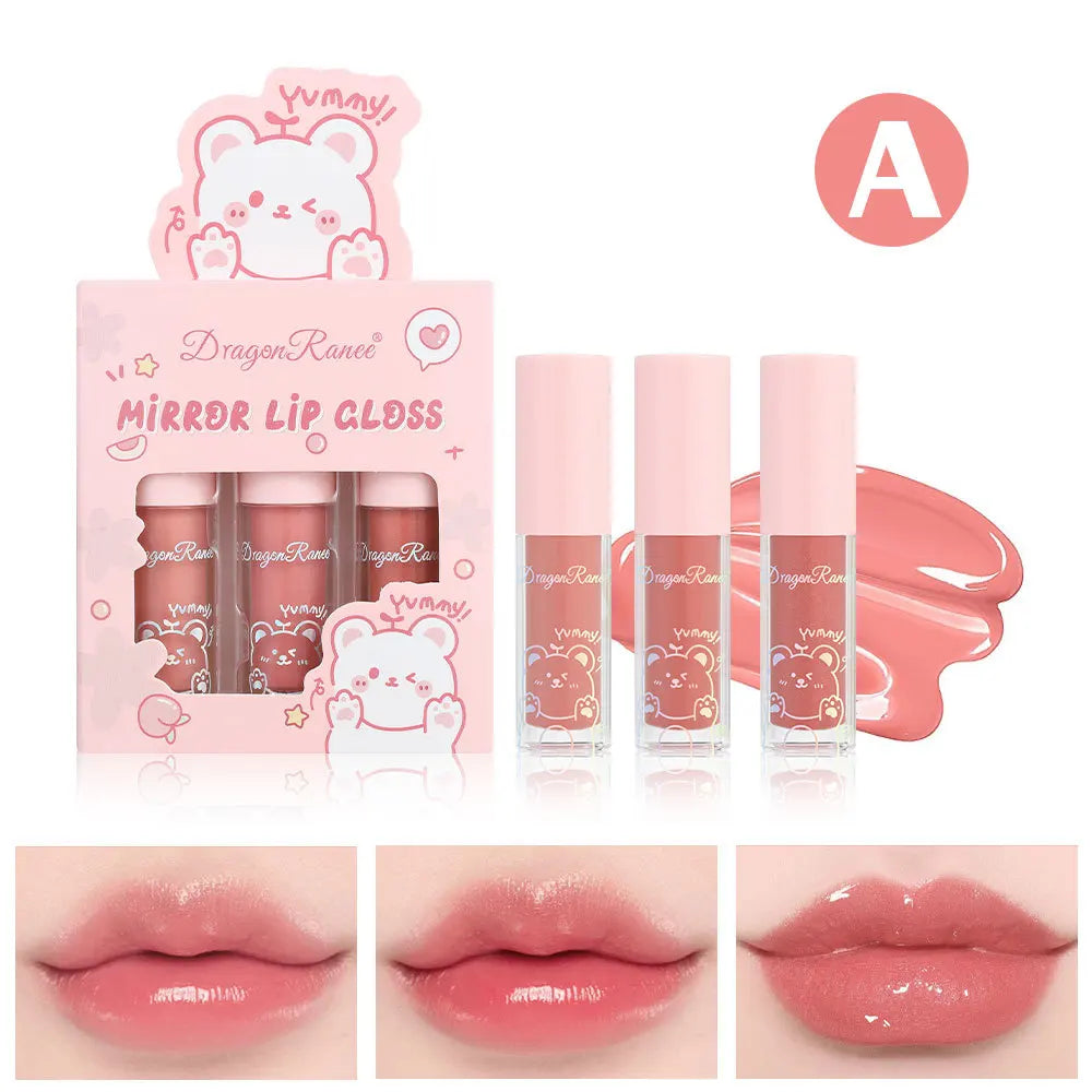 Dragon Ranee 3 colors doe lip glass hydrating mirror lip glaze moisturizing pearl with flash cartoon lip gloss set