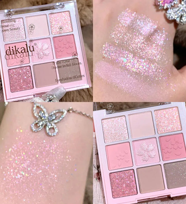 DIKALU 9-Color Sakura Eyeshadow Palette Glitter Matte Low Saturation Pink Brown Nude Makeup Shimmer Eye Pigments Long Lasting