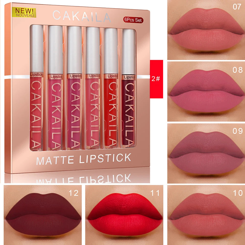 CAKAILA 6-Color Lip Gloss Lipstick Set Liquid Matte Velvet Matte Women's Makeup Long-lasting Waterproof Non-stick Cup Non-fade