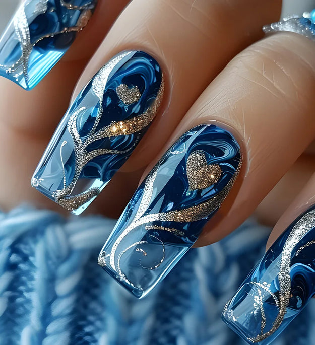 24pcs Golden Stripe Press on Nails Shiny Powder Love Design Long Square False Nails Wearable Full Cover Nail Tips Blue Fake Nail