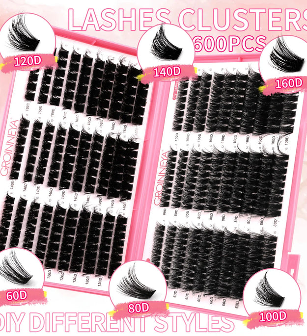 GROINNEYA Lashes Cluster DIY Lash Extension Mixed Tray Clusters Eyelashes Fluffy Volume Individual Lashes Cat Eye Lash Extension
