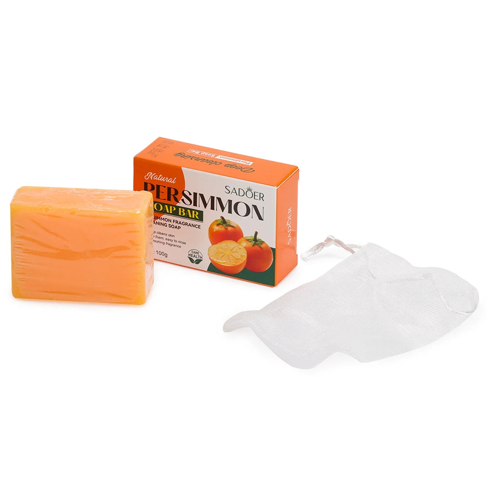1/2PCS Persimmon Cleansing Soap Bar With Foaming Net Body Care Face Wash Exfoliating Whitening Soap Fruit Handmade Shower Soap