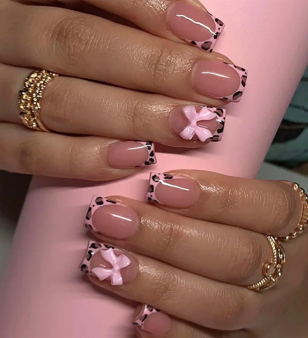 24Pcs Pink French Style Fake Nails 3D Bowknot Designs Short Square Press on Nails Sweet Korean Fashion False Nail for Women Girl