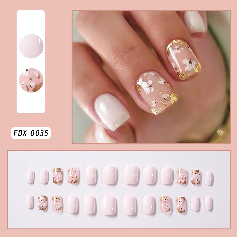 24Pcs Short Square Coffin False Nails French Glitter Wearable Fake Nails Acrylic Full Cover Women Ballet Press on Nails Tips