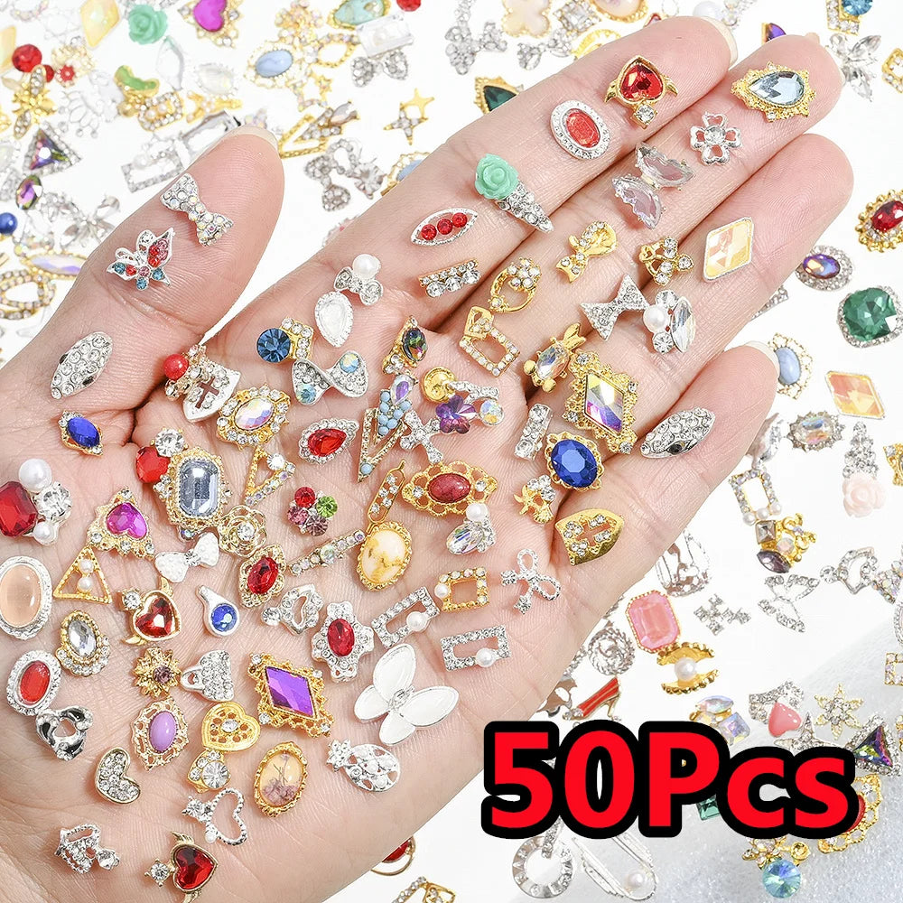 50Pcs 3D Silver Bowknot/Crown Metal Nail Charms With Tassel Pendant Butterfly Nail Art Decoration Mixed Shiny Manicure Supplies