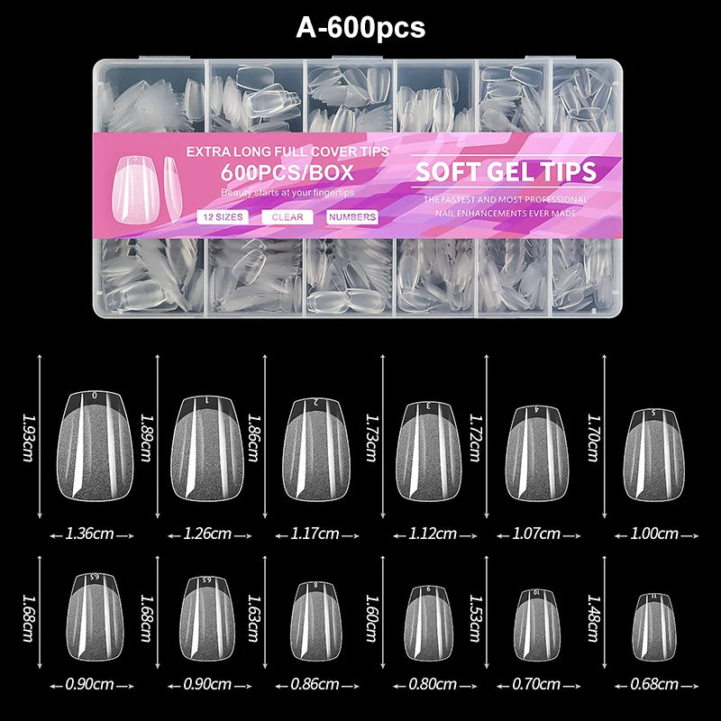 Luxury False Nail Tips Soft Gel Fingertip Semi-matte Capsules Almond French Coffin Full Cover Artificial Fake Nails Extension