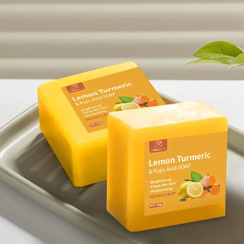Pure Botanical Lemon Turmeric Kojic Acid Handmade Soap Set - 2 x 100g Bars, Unisex, Ideal for Home and Travel Use