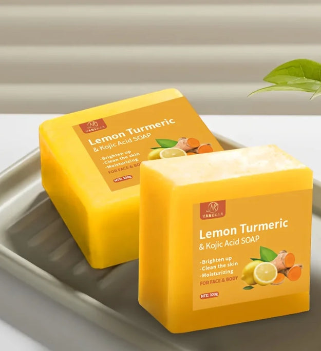 Pure Botanical Lemon Turmeric Kojic Acid Handmade Soap Set - 2 x 100g Bars, Unisex, Ideal for Home and Travel Use