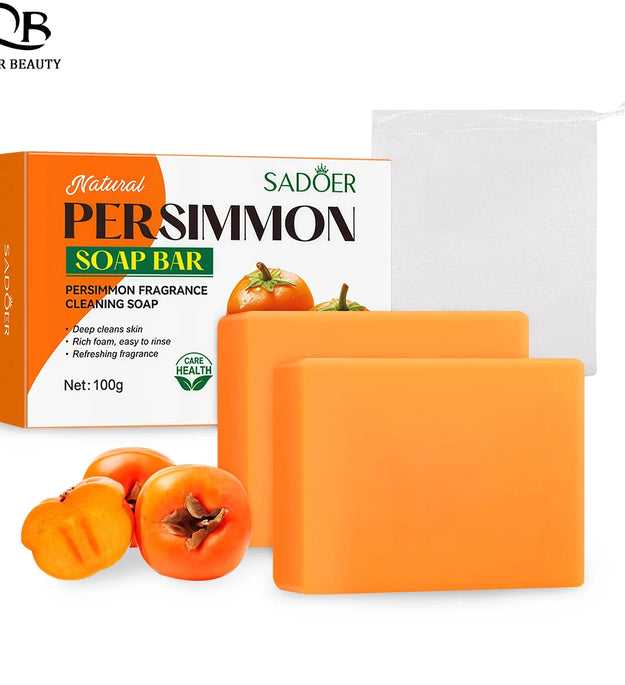 1/2PCS Persimmon Cleansing Soap Bar With Foaming Net Body Care Face Wash Exfoliating Whitening Soap Fruit Handmade Shower Soap