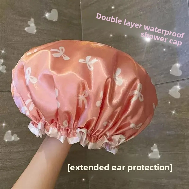 1 Bow Double Layered Waterproof Shower Cap with Ear Protection Design for Bathroom Skincare, Sweet and Practical