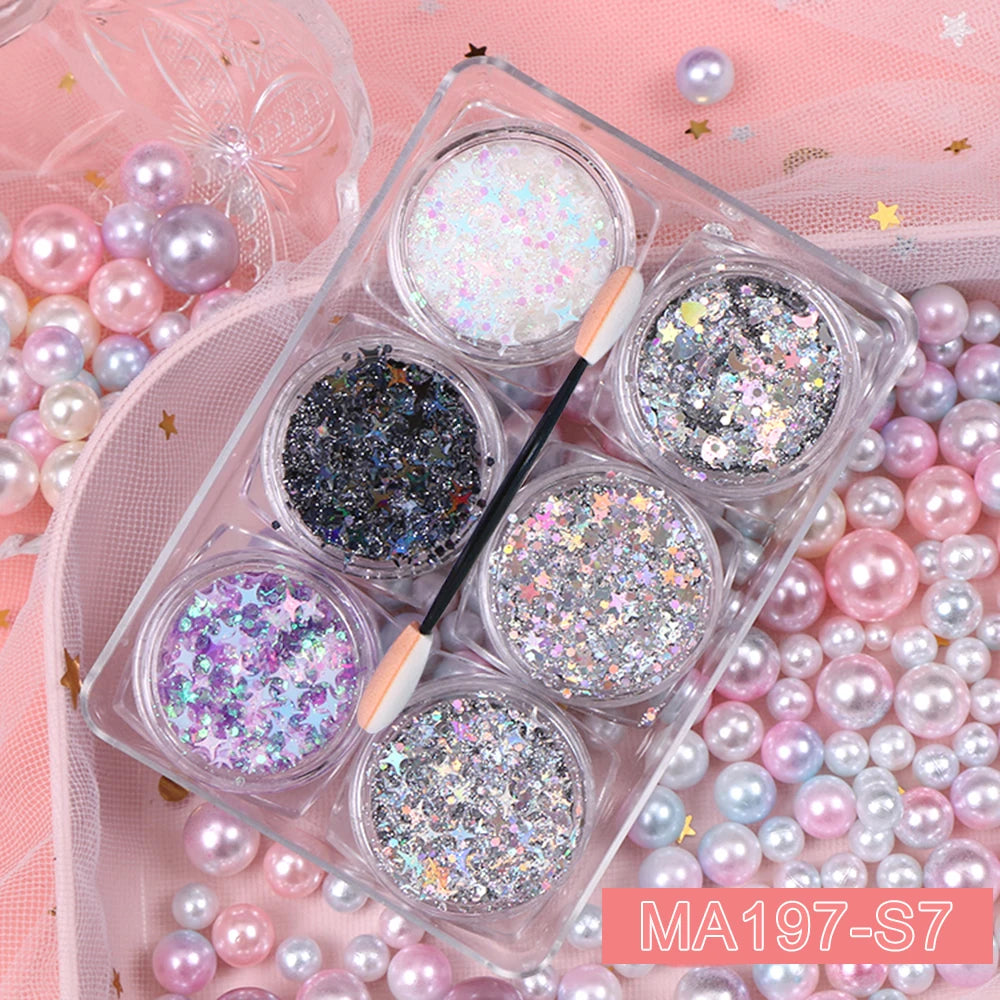 6Jars/Set Face Eye Body Hair Nail Glitter Sequins Sparkling Heart/Star/Hexagon Eyeshadow Flakes for Christmas Party Makeup Decor