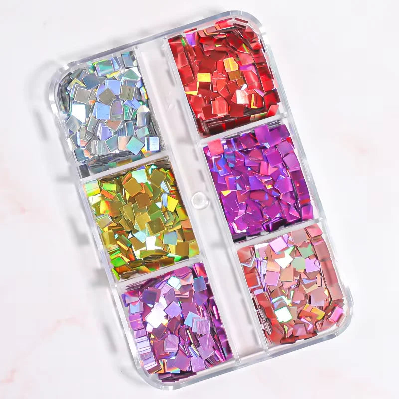 6Grids Holographic Square Nail Art Glitter Sequins Laser Ball Decoration Flakes Manicure Nails Supplies Professional Accessories