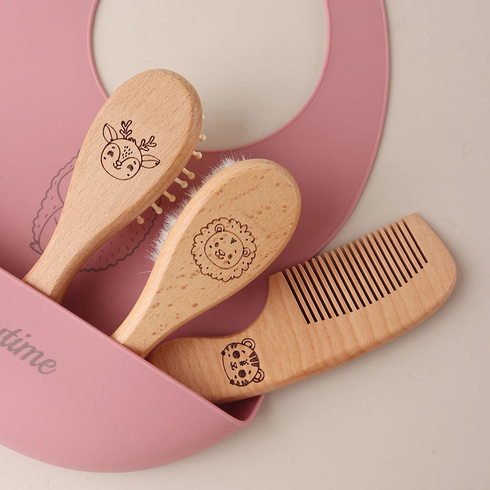 3pcs set engraving panda baby comb brush set newborn gift set Natural Wool beech Wooden Comb Baby Hair Brush air cushion comb