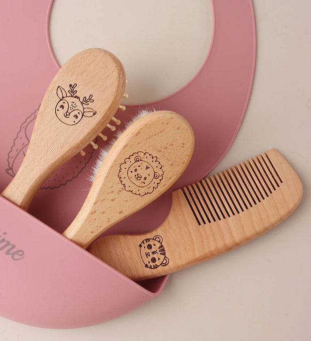 3pcs set engraving panda baby comb brush set newborn gift set Natural Wool beech Wooden Comb Baby Hair Brush air cushion comb