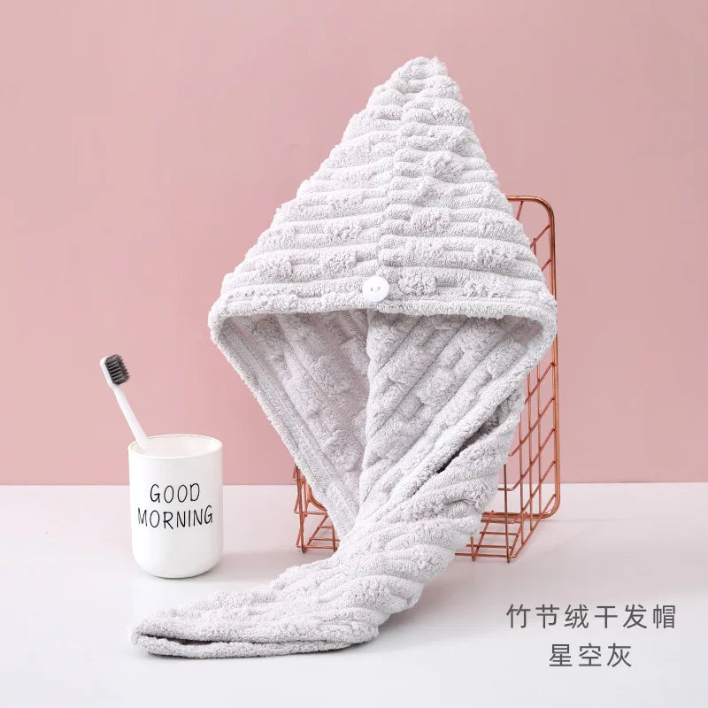 1Pcs Microfiber Quick-dry Hair Towel Cap with Button Super Absorption Bath Hat Fast Drying Hair Drying Wrap Hat Towel for Women