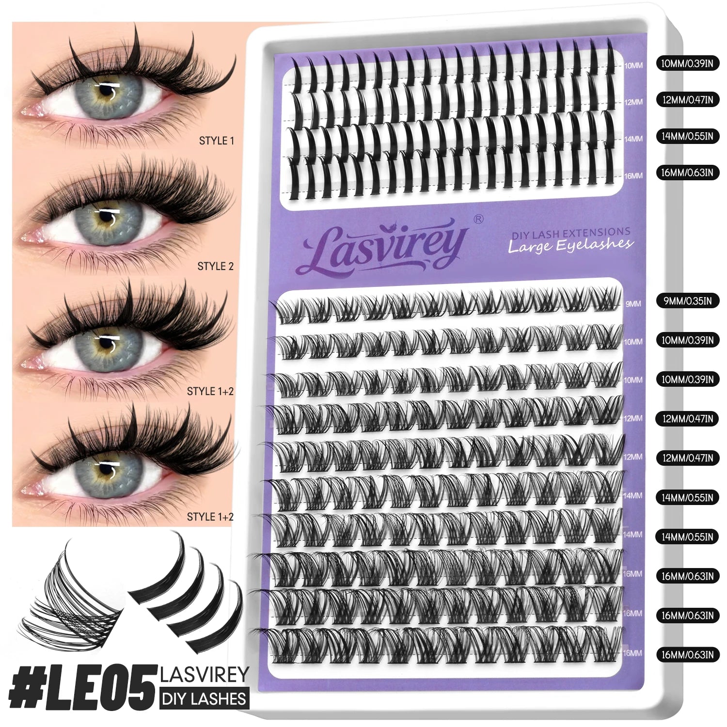 LASVIREY Fluffy Lash Clusters DIY Spiky Cluster Lashes Mixed Tray Individual Lashes Extension Natural Thick Faux Mink Lashes