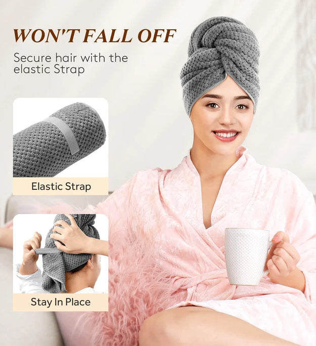 Microfiber Hair Towel Extra Large Wrap Quick Dry Hair Towel Wrap With Elastic Band , Ultra Absorbent Soft Hair Towel Wrap Turban