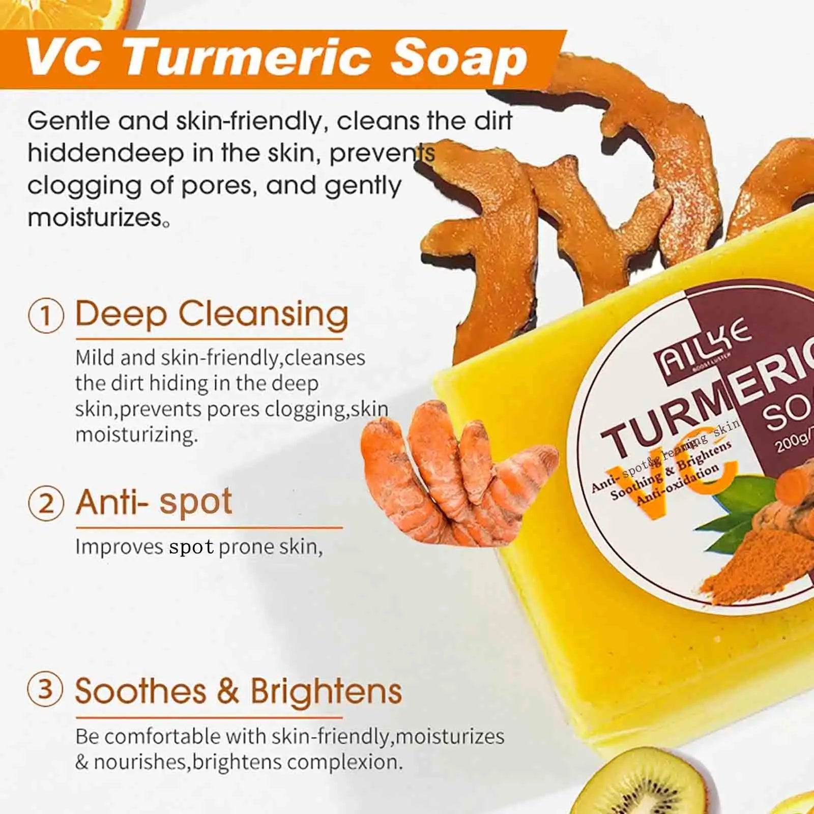 AILKE Natural Turmeric Soap for Face & Body, Whitening, Clean Stains, Even Skin Tone, Remove Acne, Age Spot, Black Spot, 200g