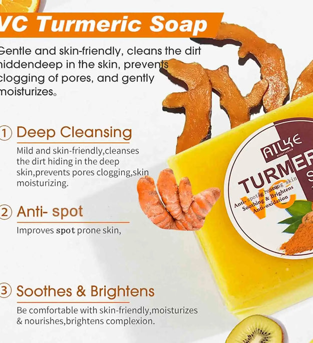 AILKE Natural Turmeric Soap for Face & Body, Whitening, Clean Stains, Even Skin Tone, Remove Acne, Age Spot, Black Spot, 200g