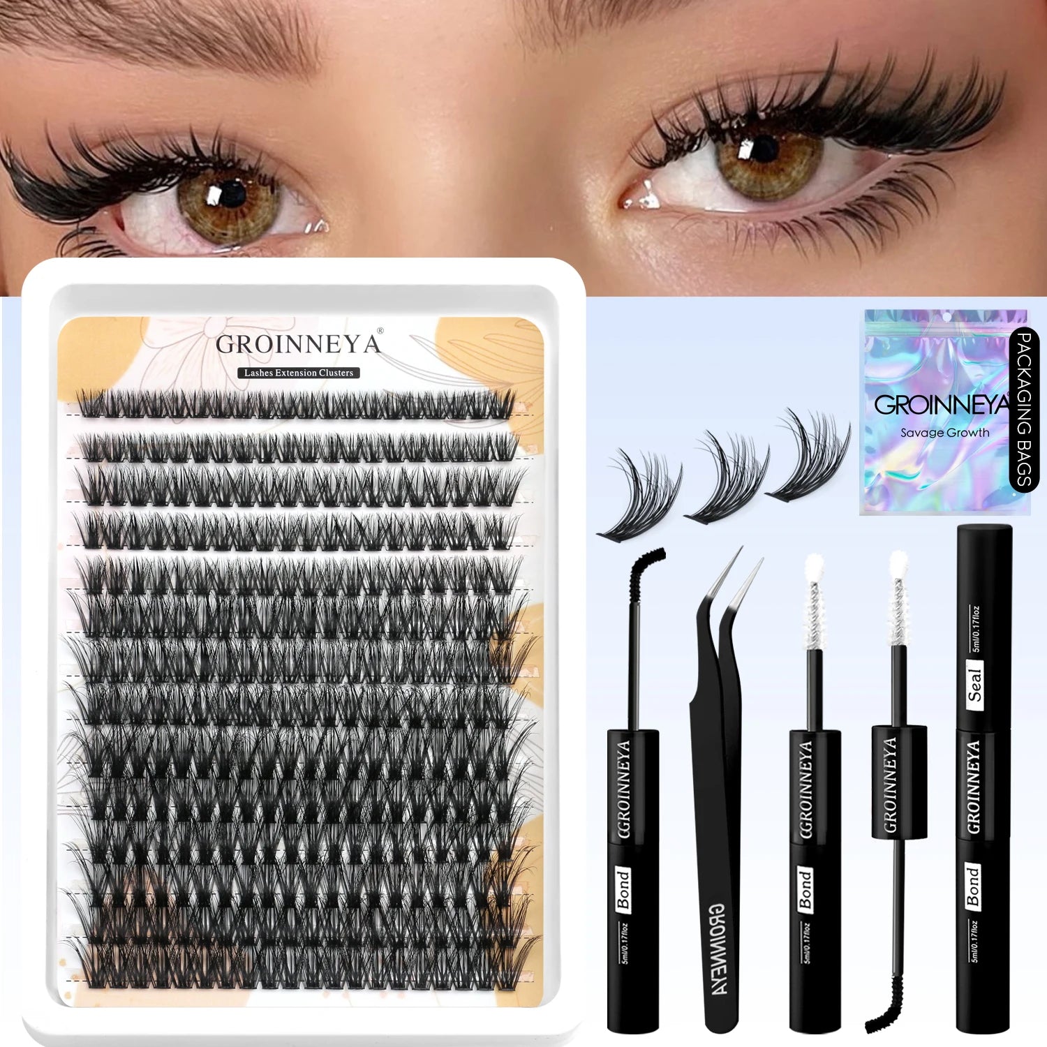 GROINNEYA Lash Clusters Kit With Waterproof Strong Hold DIY Lash Extension Kit Lash Bond And Seal And Eyelash Tweezers Makeup