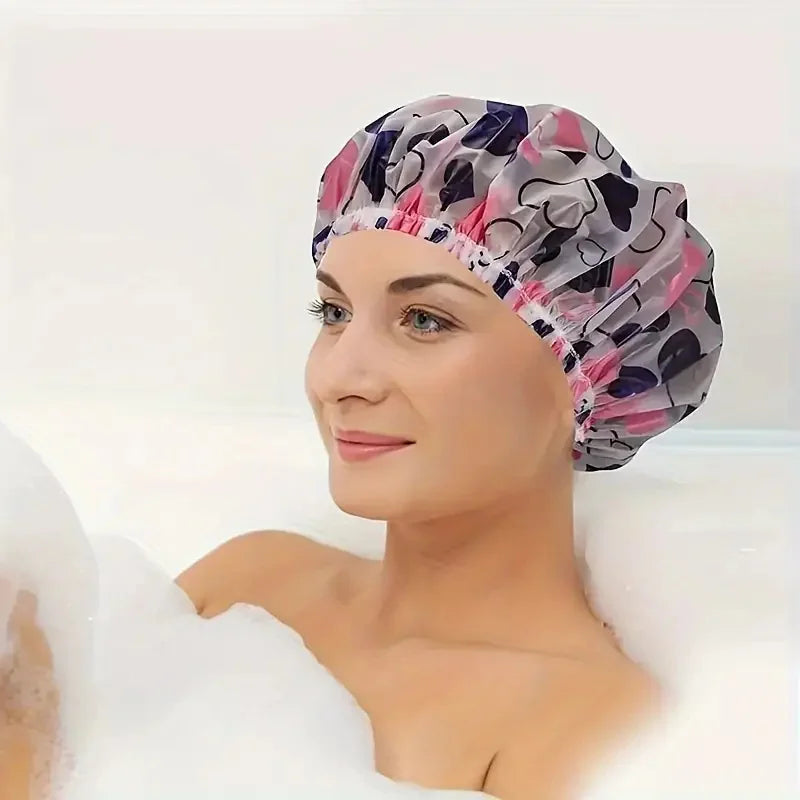 Set of 4 Adjustable Printed Shower Caps, Waterproof and Reusable with Elastic Band for Women's Spa Salon