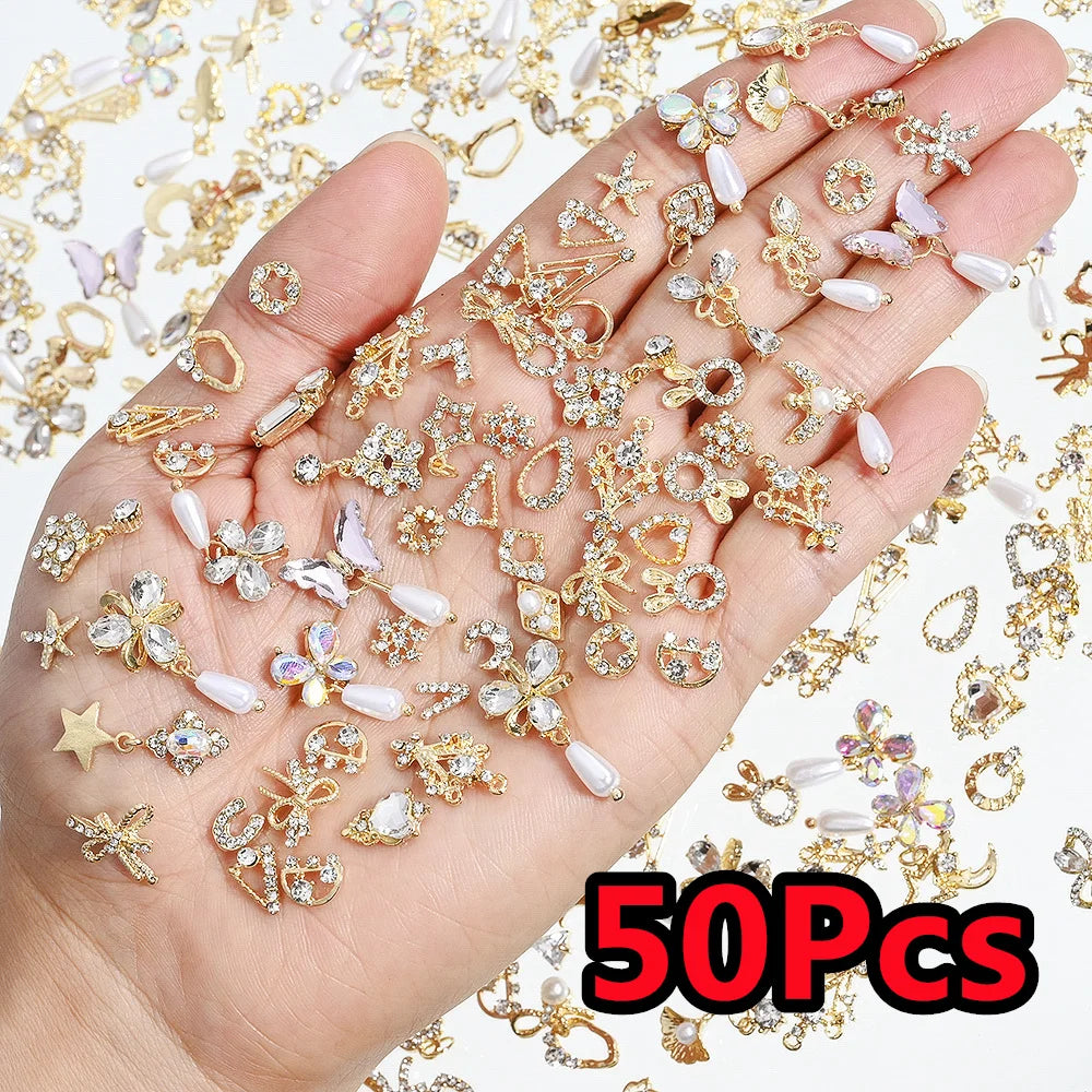 50Pcs 3D Silver Bowknot/Crown Metal Nail Charms With Tassel Pendant Butterfly Nail Art Decoration Mixed Shiny Manicure Supplies