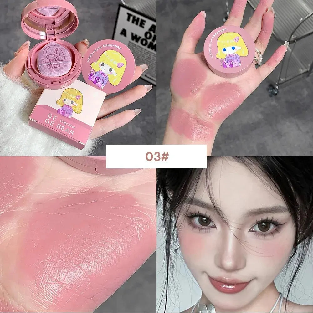 Cushion Blush Blendable Shade with Powder Puff Whitening without Sticking Long Lasting Gege Bear Makeup Blusher