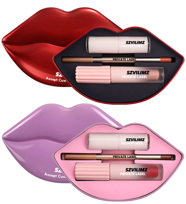 Lip Makeup Kit Private Label Lip Gloss Pencil Liner Balm Matte Glossy Lipgloss Set 3 in 1 Gift Box