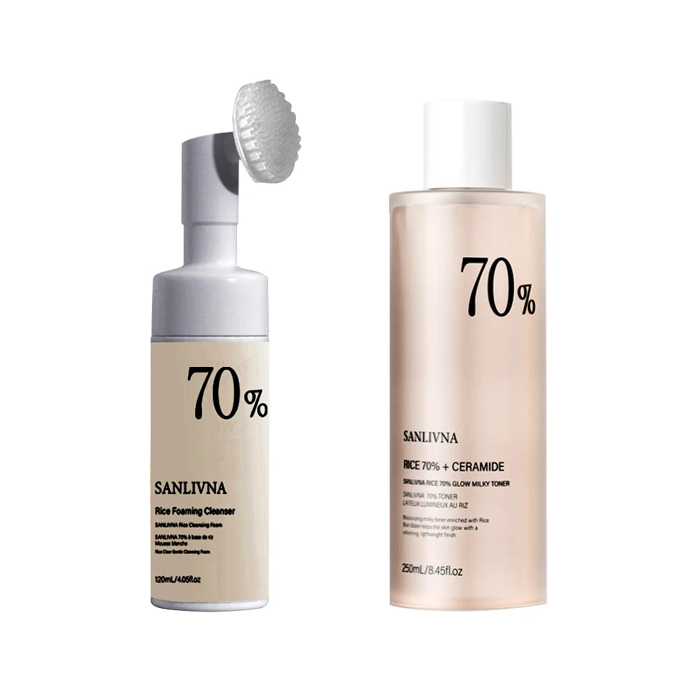 Rice Toner 70% Rice Extract Serum with Niacinamide, Rice Cleansing Foam, Deep Cleansing, Moisturizer for Dry Skin, Skin Care Set - BlissFully