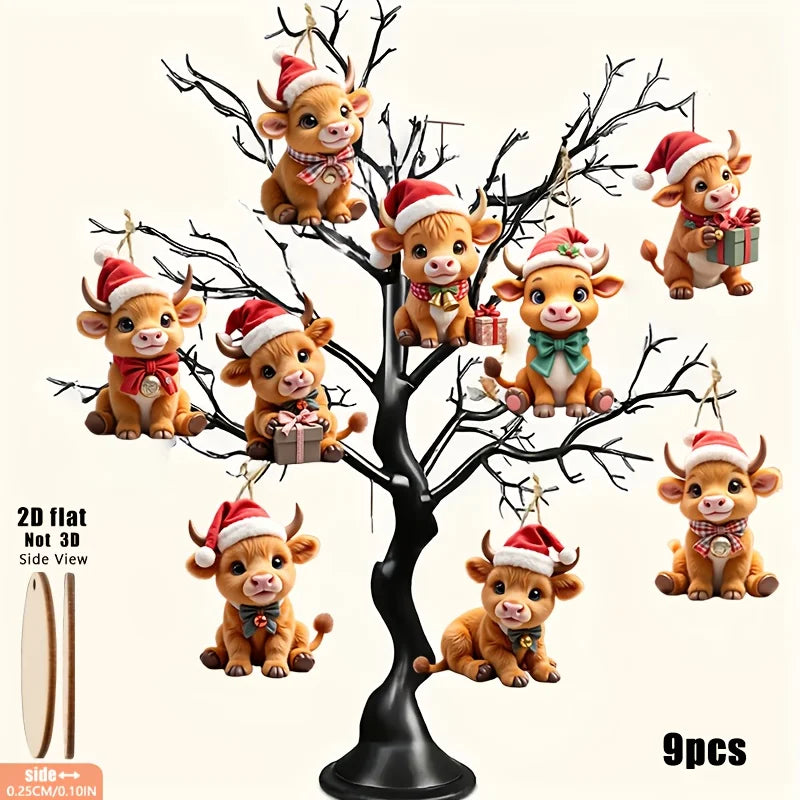 9pcs Wooden Highland Cow Christmas Tree Decoratio with Expressive Eyes and Wear Red and White Bells Xmas Hat 2D Festival Pendant