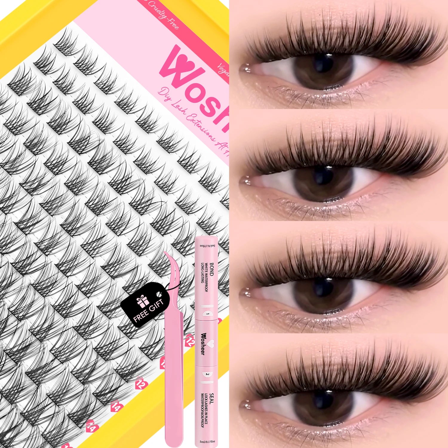 WOSHEER Lashes Cluster Kit Cat Lashes DIY Natural Eyelash Extension Kit Lash Bond & Seal Eyelash Clusters Set Makeup